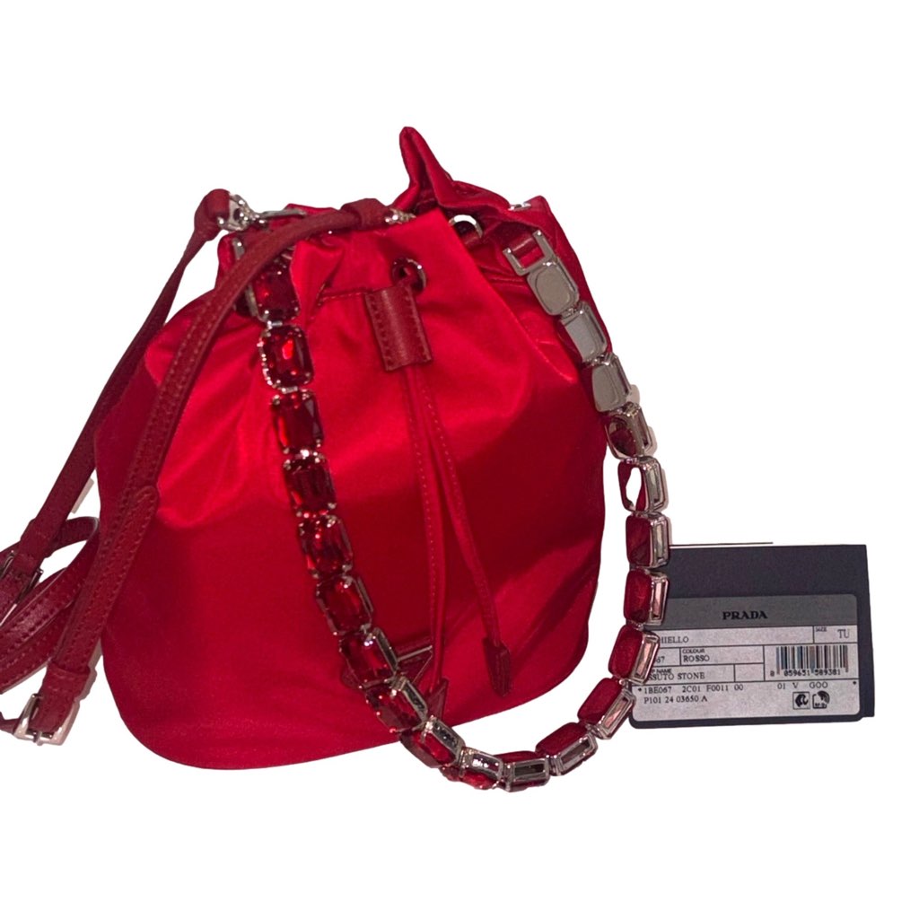 Prada Prada Re-Nylon Rosso Red Drawstring Bucket Bag Embellished Crystal Handle - Image 11