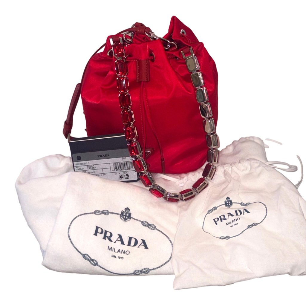 Prada Prada Re-Nylon Rosso Red Drawstring Bucket Bag Embellished Crystal Handle - Image 12