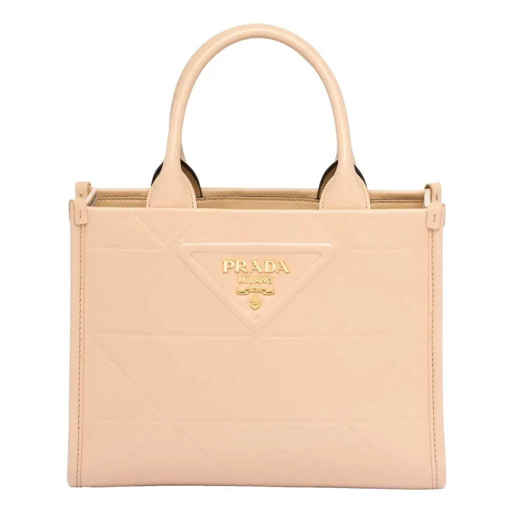Prada Symbole Soft Calfskin Leather Sabbia Sand Triangle Quilted Mini Tote Bag Beige Leather Never worn, with tag - Front View