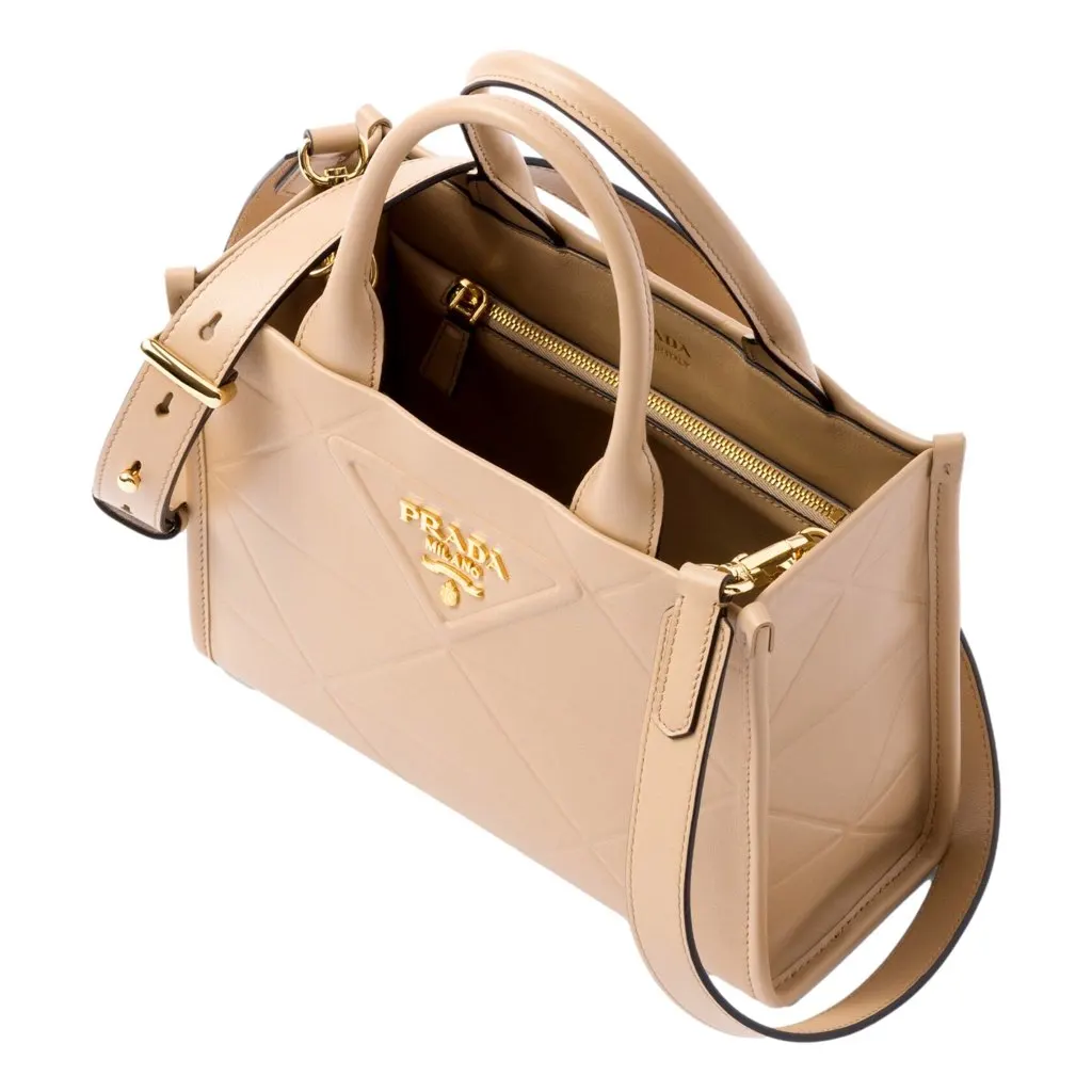 Prada Symbole Soft Calfskin Leather Sabbia Sand Triangle Quilted Mini Tote Bag Beige Leather Never worn, with tag - Back View