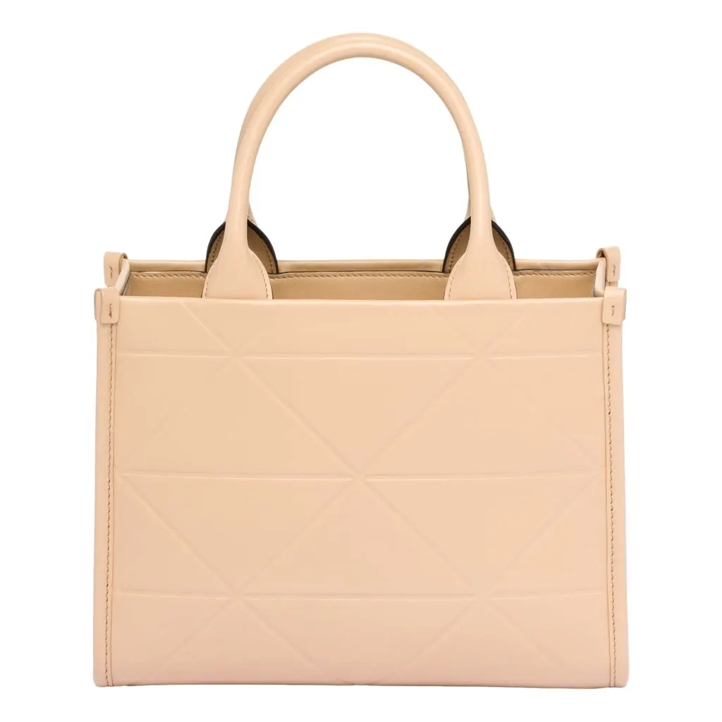 Prada Symbole Soft Calfskin Leather Sabbia Sand Triangle Quilted Mini Tote Bag Beige Leather Never worn, with tag - Model View