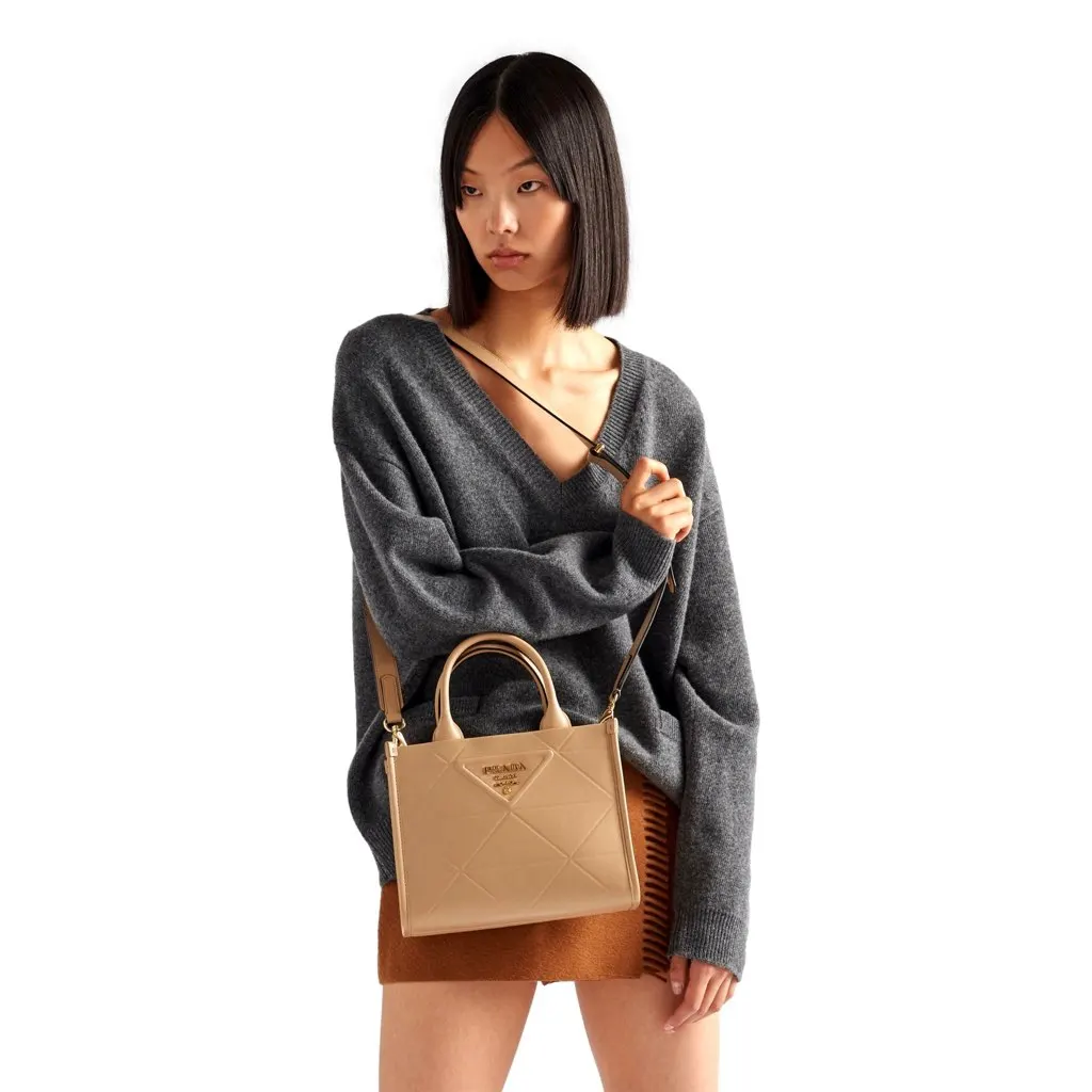 Prada Symbole Soft Calfskin Leather Sabbia Sand Triangle Quilted Mini Tote Bag Beige Leather Never worn, with tag - Box View