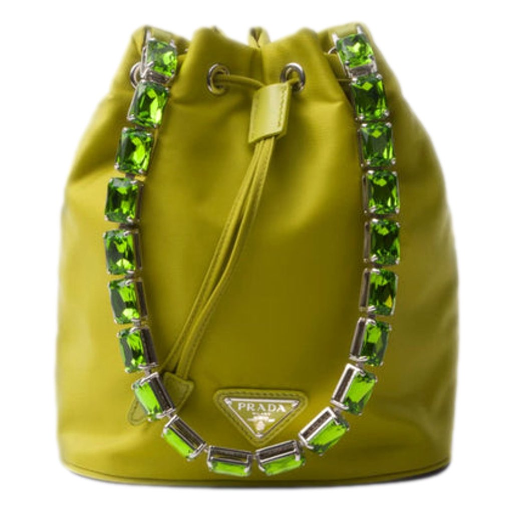 Prada Prada Re-Nylon Felce Green Drawstring Bucket Bag Embellished Crystal Handle