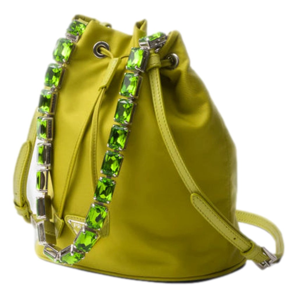 Prada Prada Re-Nylon Felce Green Drawstring Bucket Bag Embellished Crystal Handle - Back view