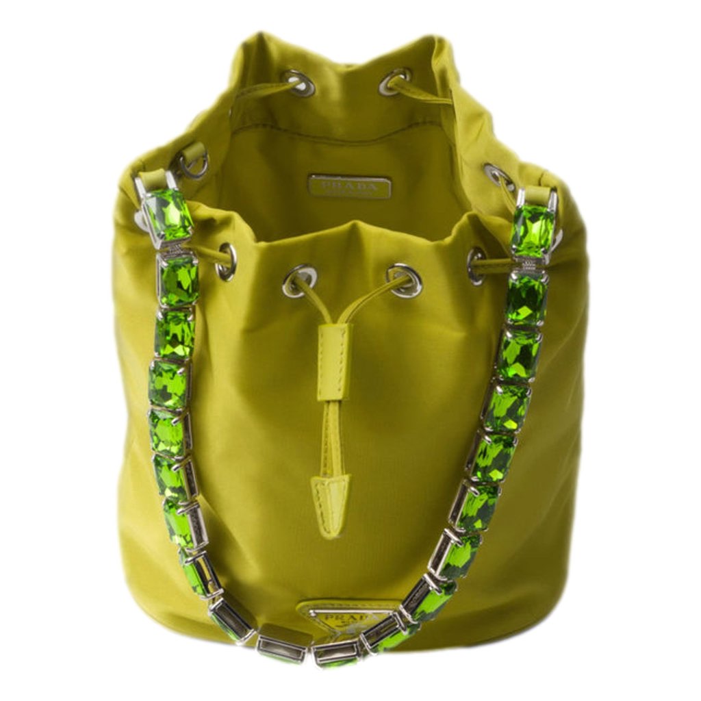 Prada Prada Re-Nylon Felce Green Drawstring Bucket Bag Embellished Crystal Handle - Image 6