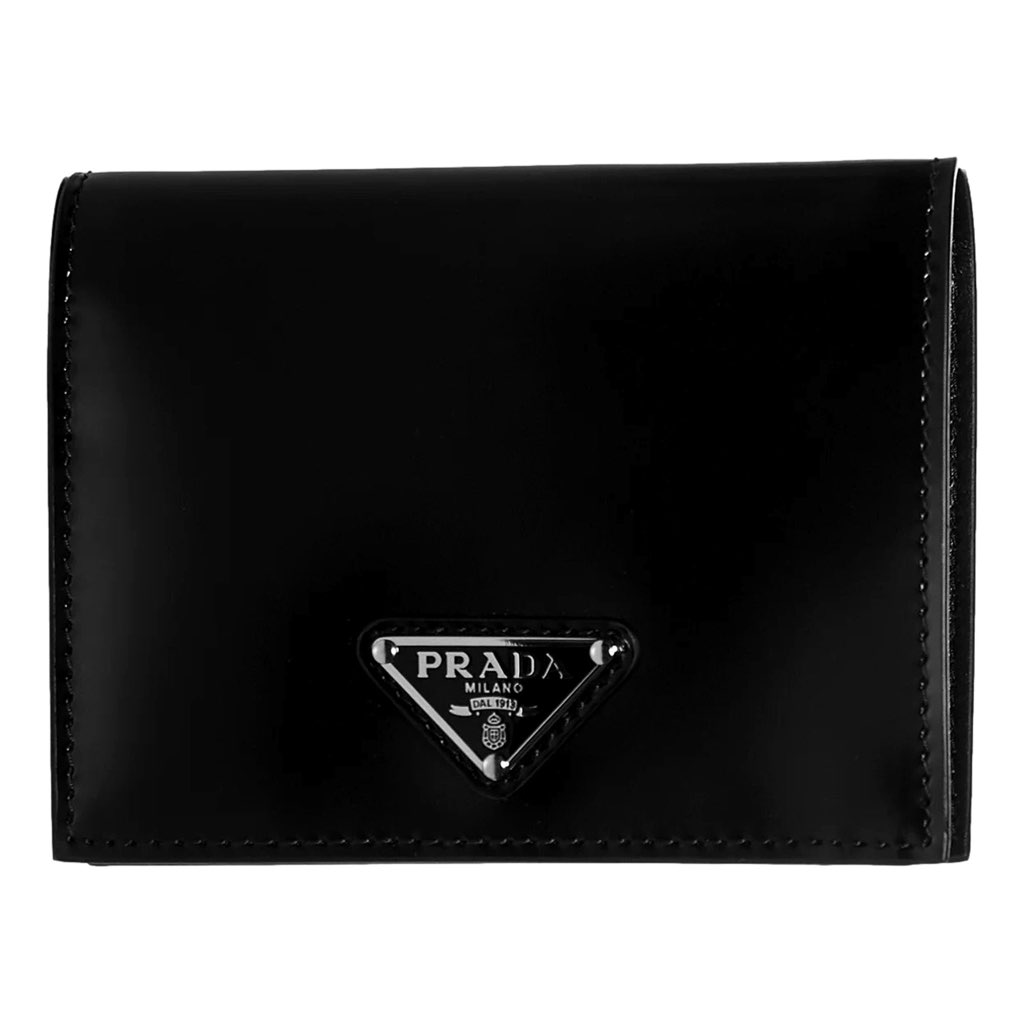 Prada Prada Bifold Black Polished Leather Triangle Logo Card Holder Wallet