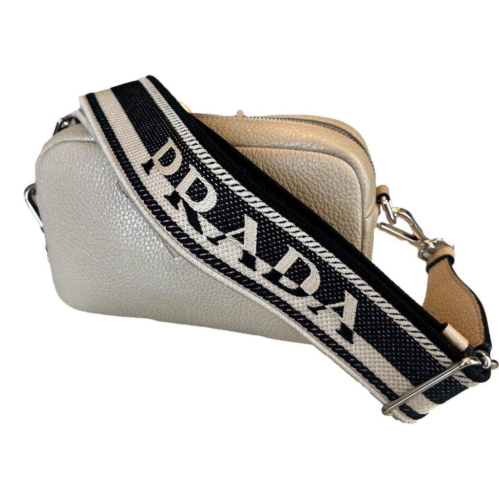Prada Prada Vitello Daino Leather Sabbia Beige Web Strap Camera Crossbody - Image 6