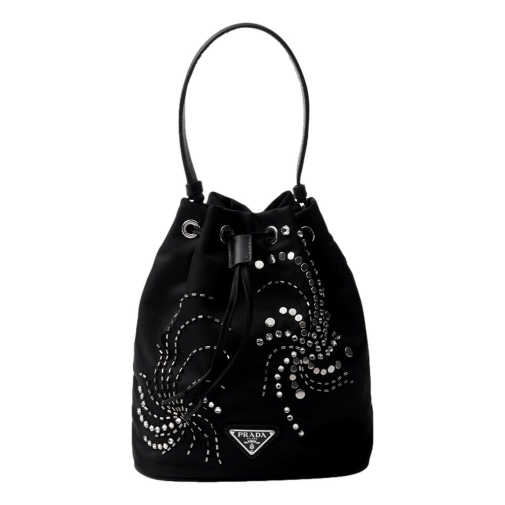 Prada Prada Re-Nylon Mini Drawstring Bucket Bag Black Beaded Embroidered