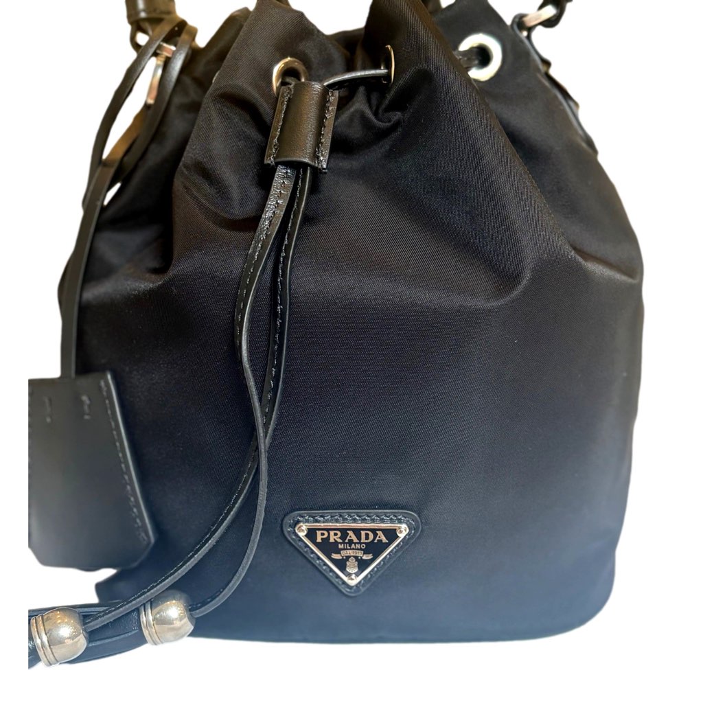 Prada Prada Re-Nylon Black Tassel Drawstring Bucket Bag - Image 6