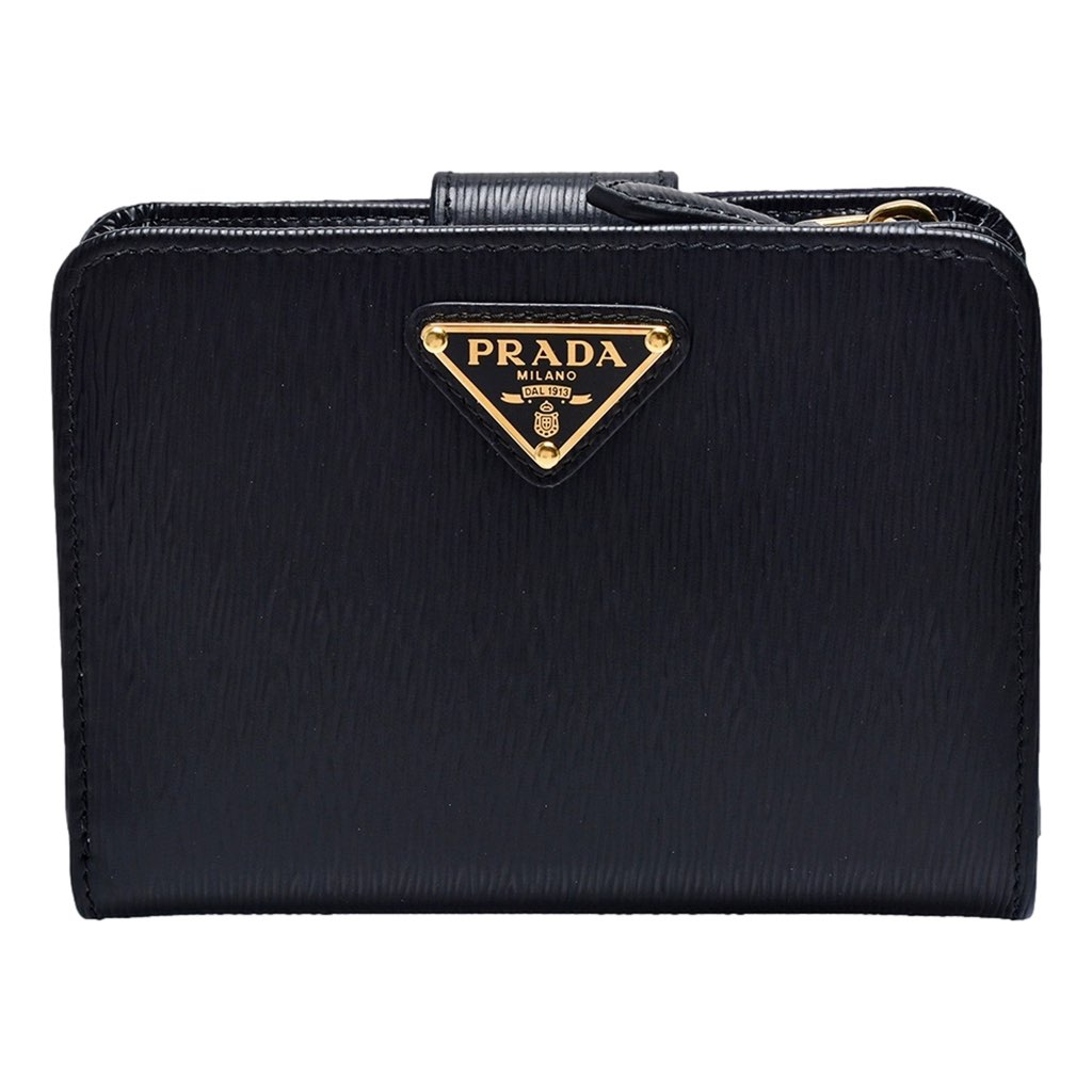 Prada Prada Vitello Move Nero Black Leather Small Wallet with Zipper Gold Triangle Logo