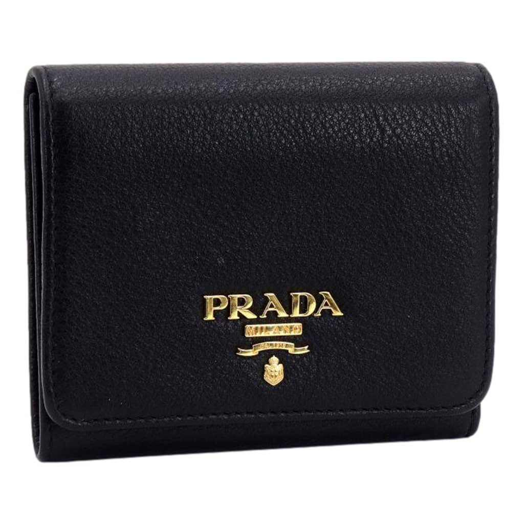 Prada Prada Vitello Grain Black Trifold Compact Wallet Leather Logo Plaque