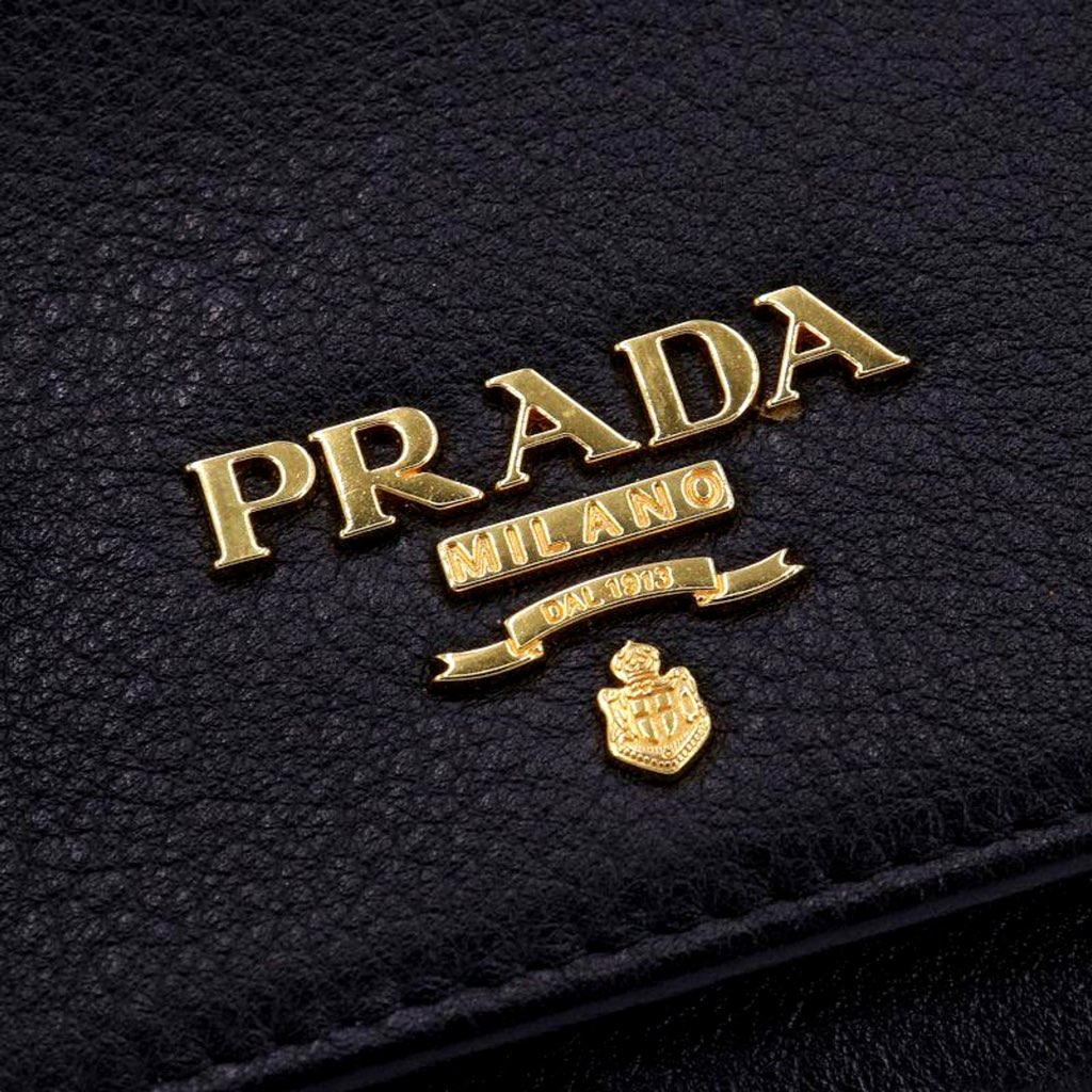 Prada Prada Vitello Grain Black Trifold Compact Wallet Leather Logo Plaque - Side view