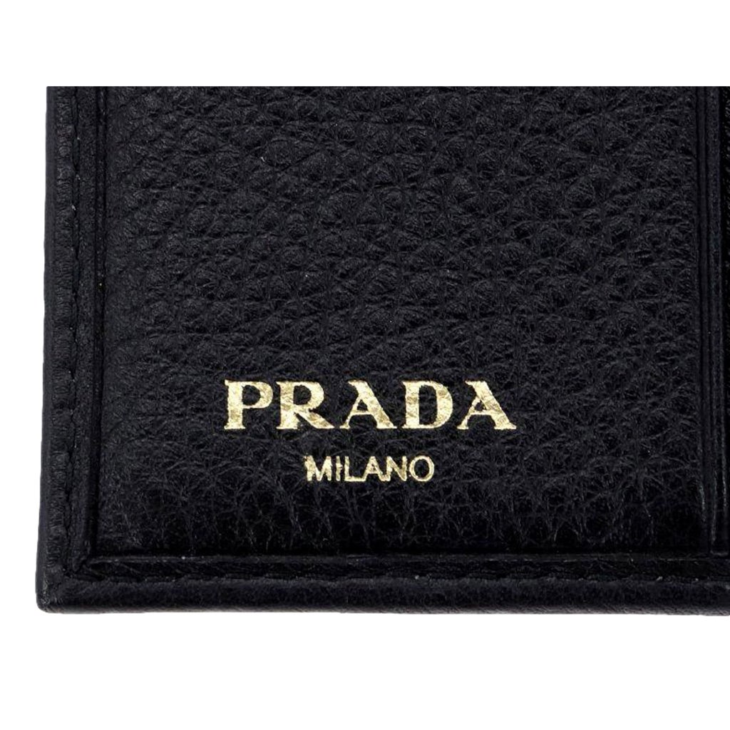 Prada Prada Vitello Grain Black Trifold Compact Wallet Leather Logo Plaque - Detail 1