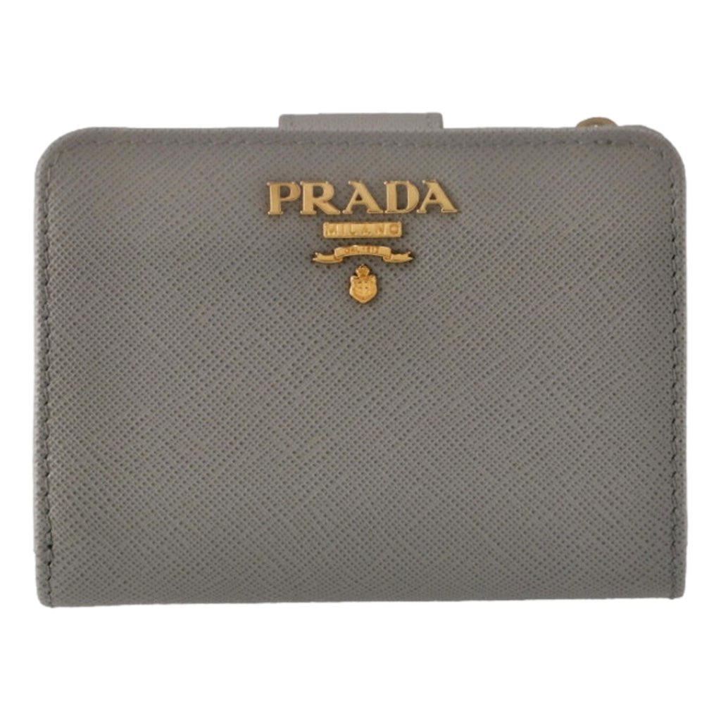 Prada Prada Vitello Grain Argilla Grey Leather Small Wallet with Zipper Gold Plaque Logo
