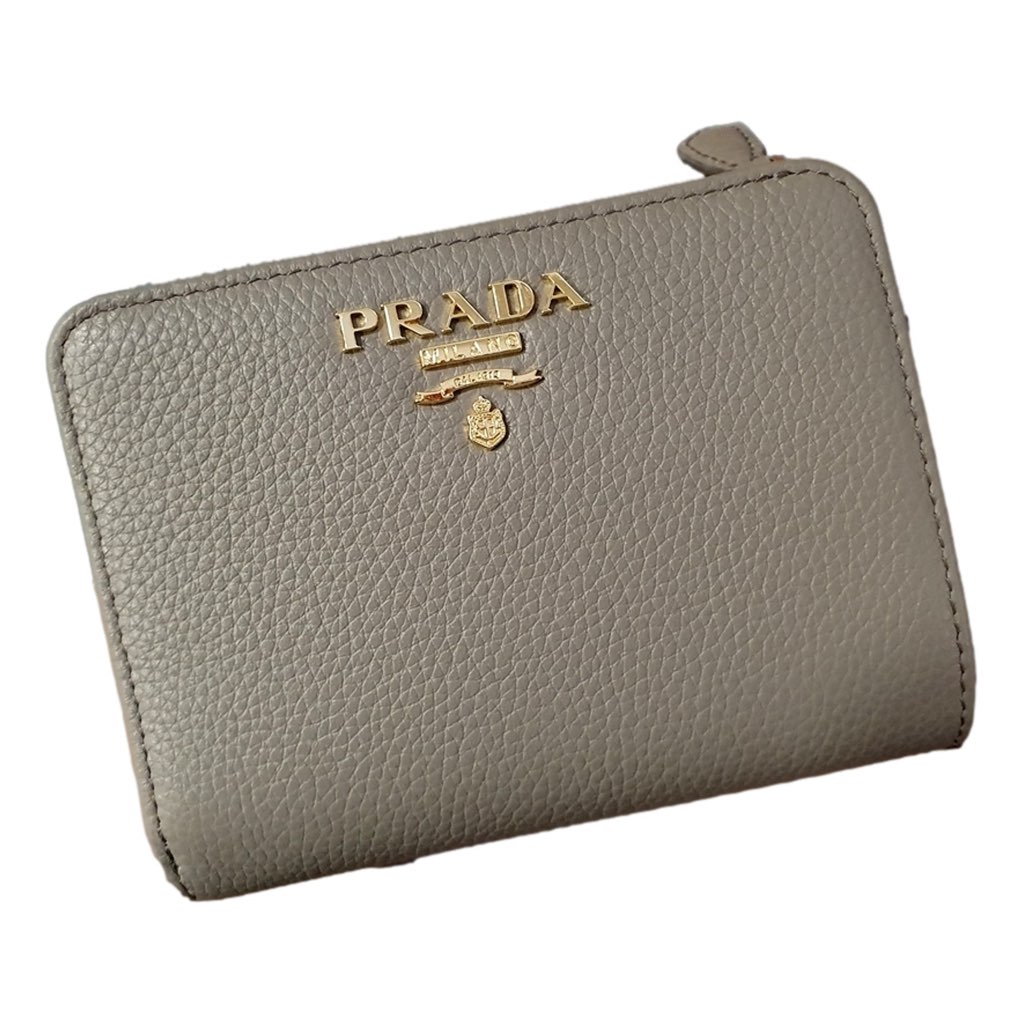 Prada Prada Vitello Grain Argilla Grey Leather Small Wallet with Zipper Gold Plaque Logo - Back view