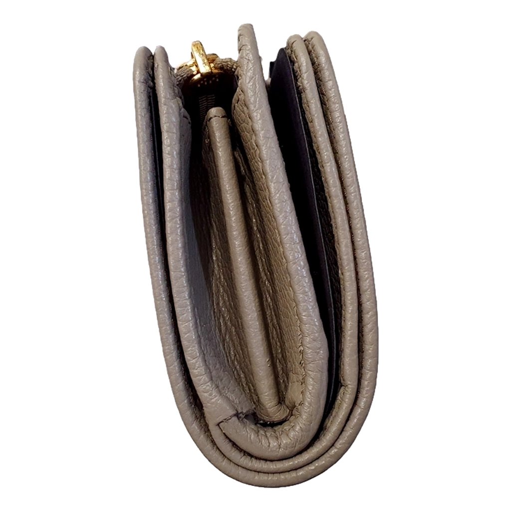 Prada Prada Vitello Grain Argilla Grey Leather Small Wallet with Zipper Gold Plaque Logo - 4