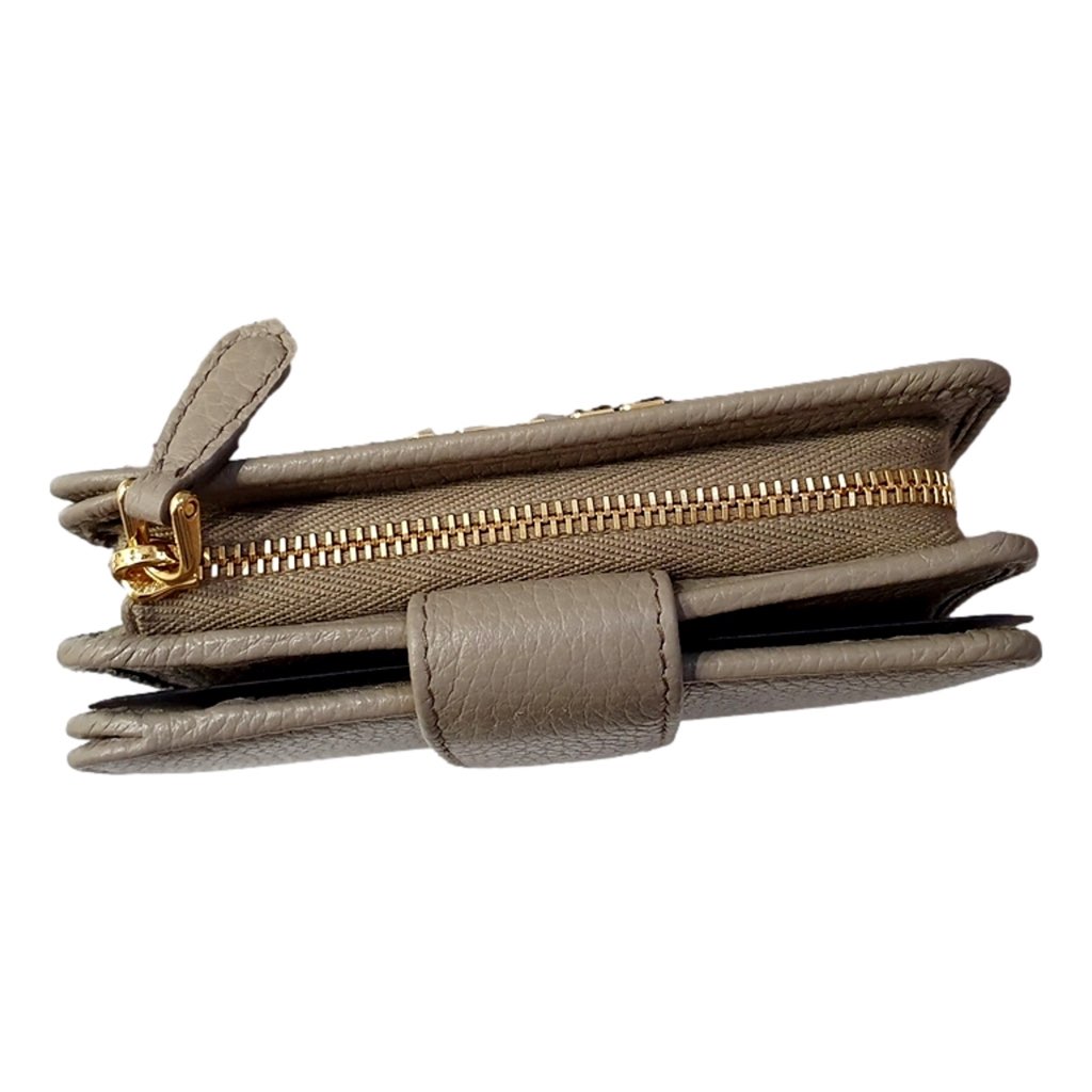 Prada Prada Vitello Grain Argilla Grey Leather Small Wallet with Zipper Gold Plaque Logo - Side view