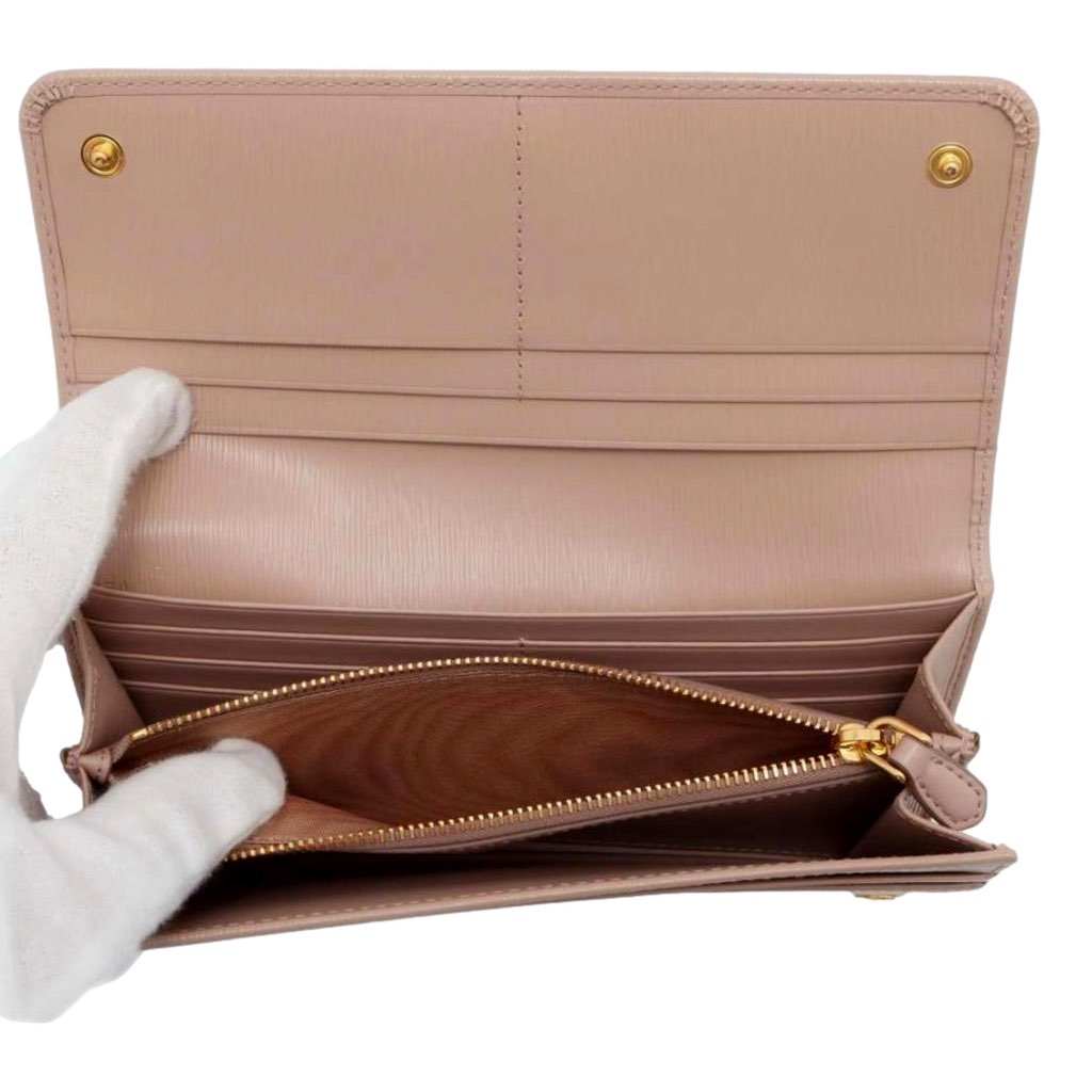 Prada Prada Vitello Move Cipria Beige Leather Continental Long Wallet Gold Triangle Logo - Side view