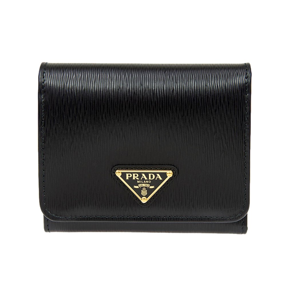 Prada Prada Vitello Move Trifold Compact Wallet Black Leather Triangle Plaque