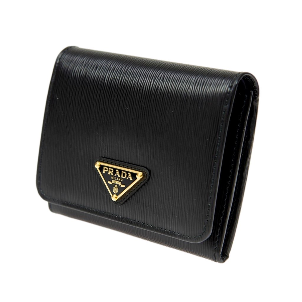 Prada Prada Vitello Move Trifold Compact Wallet Black Leather Triangle Plaque - Back view