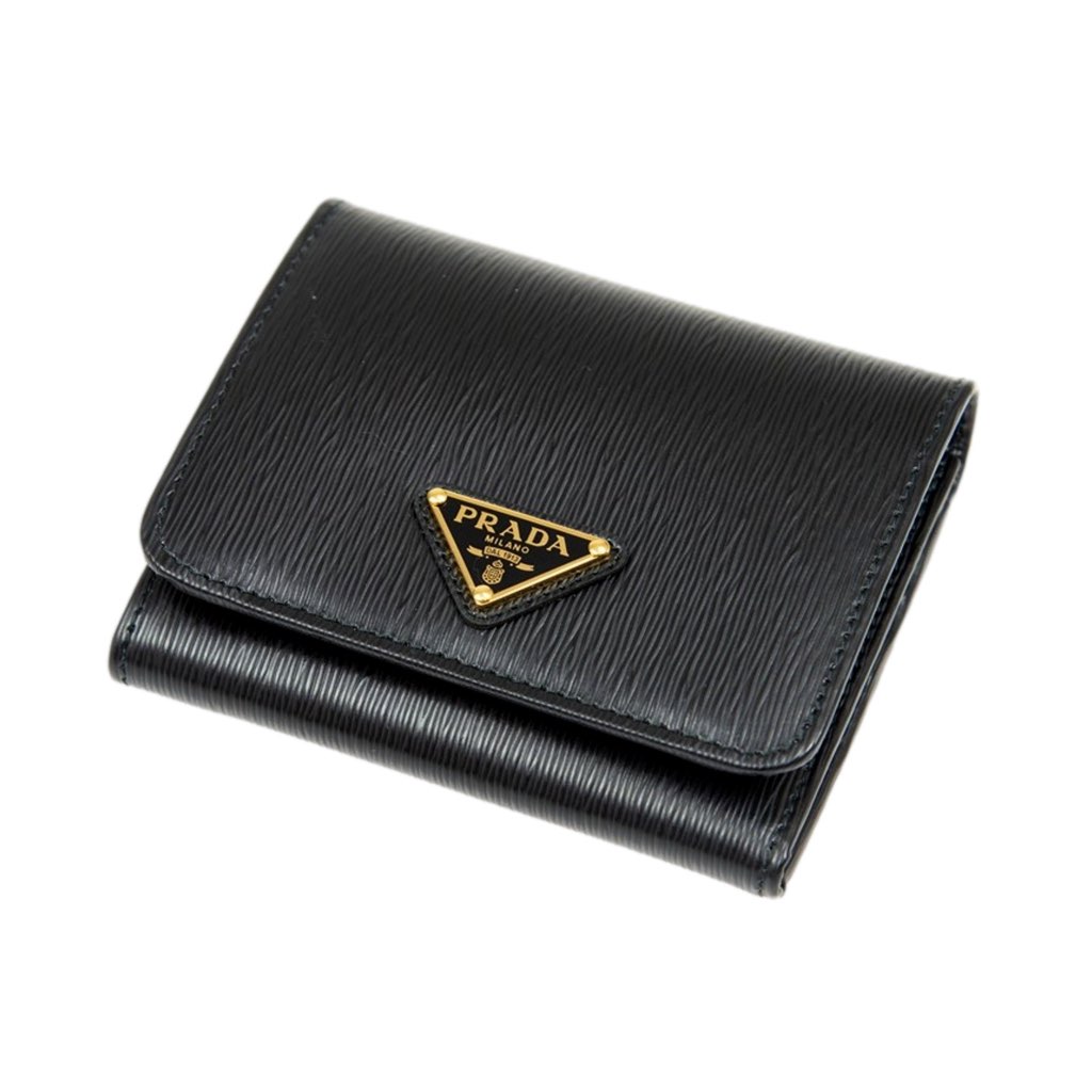 Prada Prada Vitello Move Trifold Compact Wallet Black Leather Triangle Plaque - Side view
