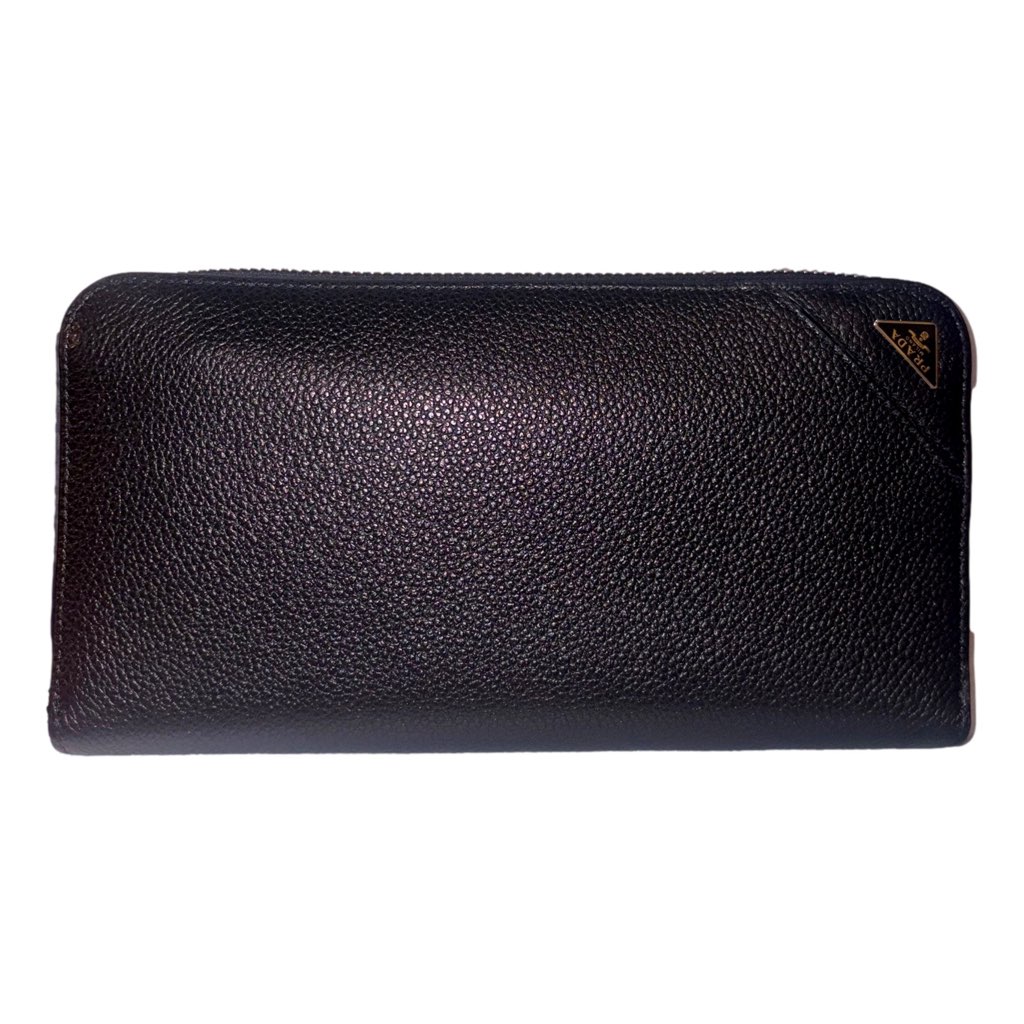 Prada Prada Vitello Micro Grain Long Black Zip Around Continental Wallet Triangle Logo