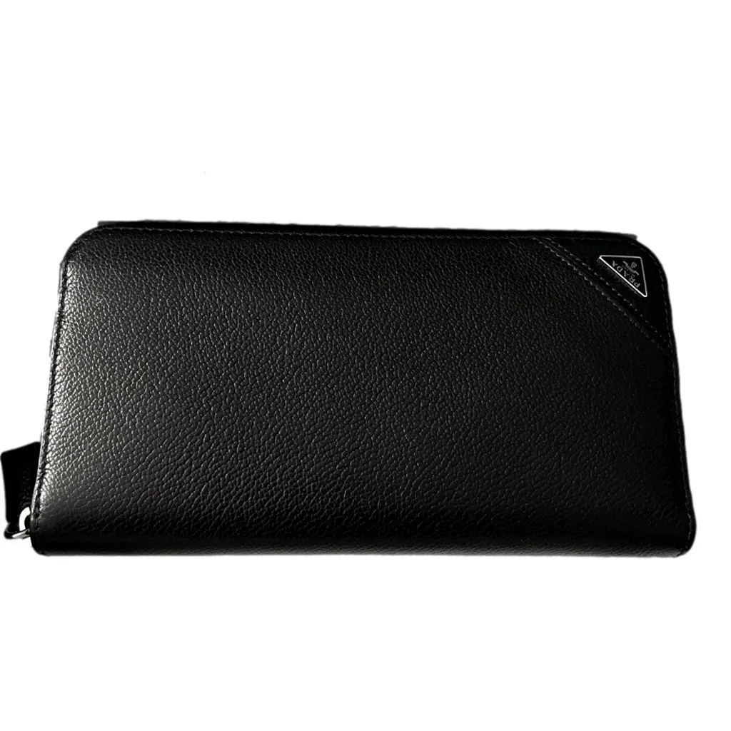 Prada Vitello Micro Grain Long Black Zip Around Continental Wallet Triangle Logo Black Leather Never worn, with tag - Model View