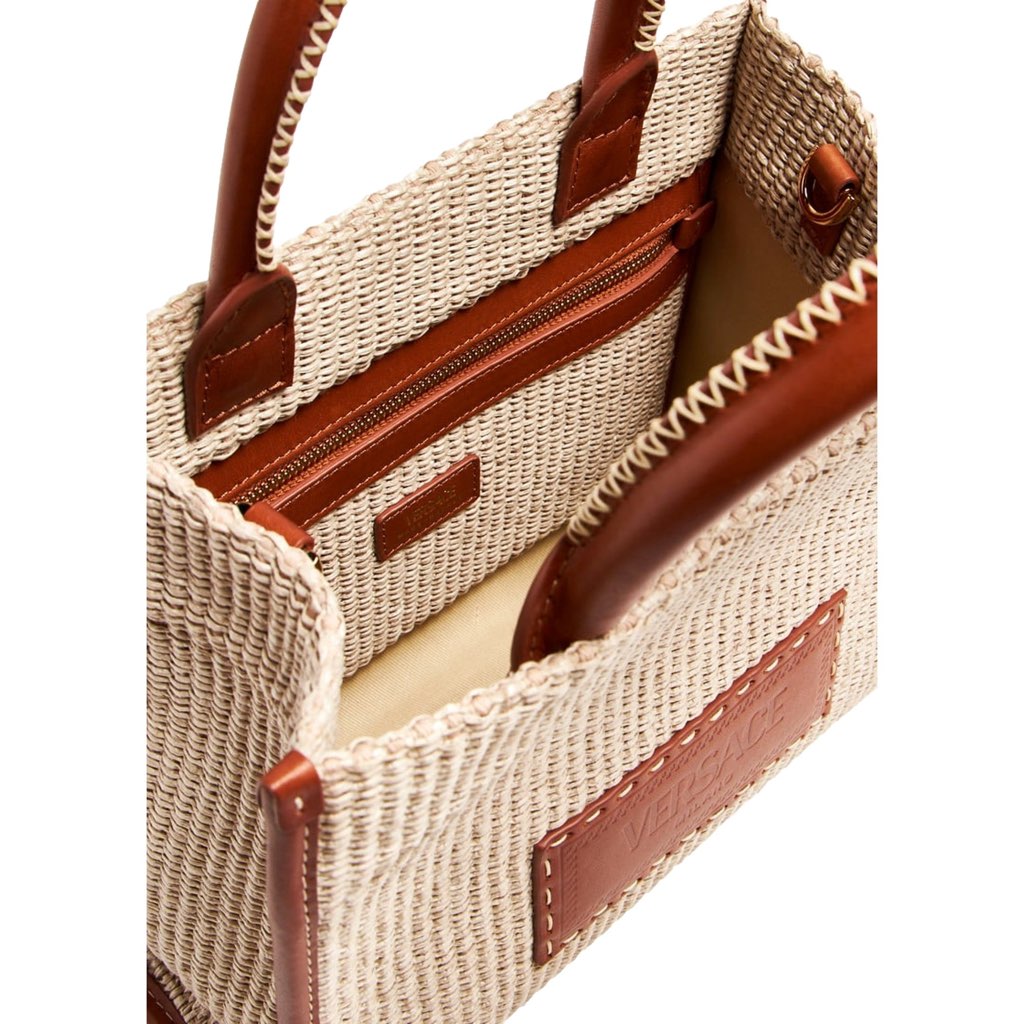 Versace Versace Athena Raffia Leather Small Shopper Tote Beige - 4