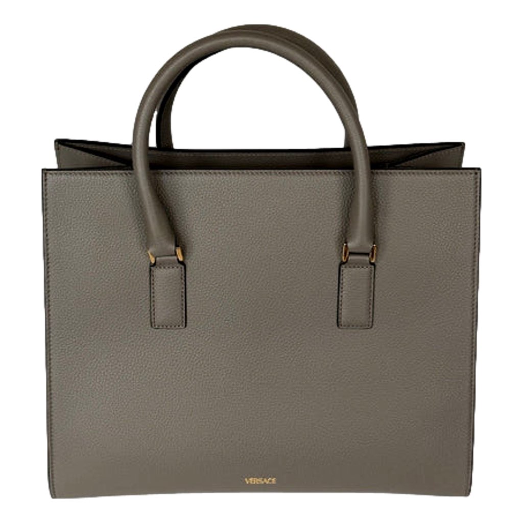 Versace Versace Virtus Calfskin Leather Medium Top Handle Tote Taupe Grey - Back view