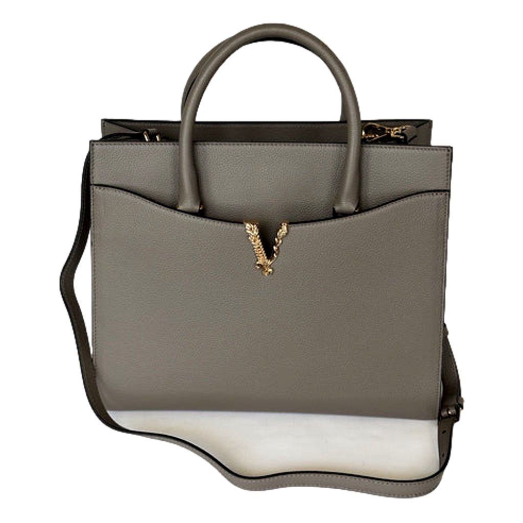 Versace Versace Virtus Calfskin Leather Medium Top Handle Tote Taupe Grey - 4