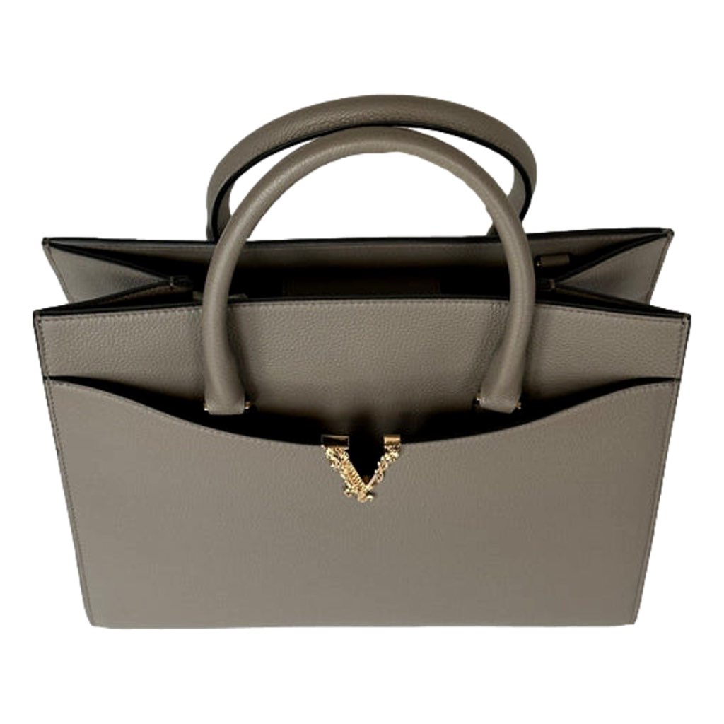 Versace Versace Virtus Calfskin Leather Medium Top Handle Tote Taupe Grey - Side view