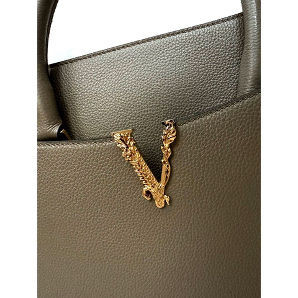 Versace Versace Virtus Calfskin Leather Medium Top Handle Tote Taupe Grey - Detail 1