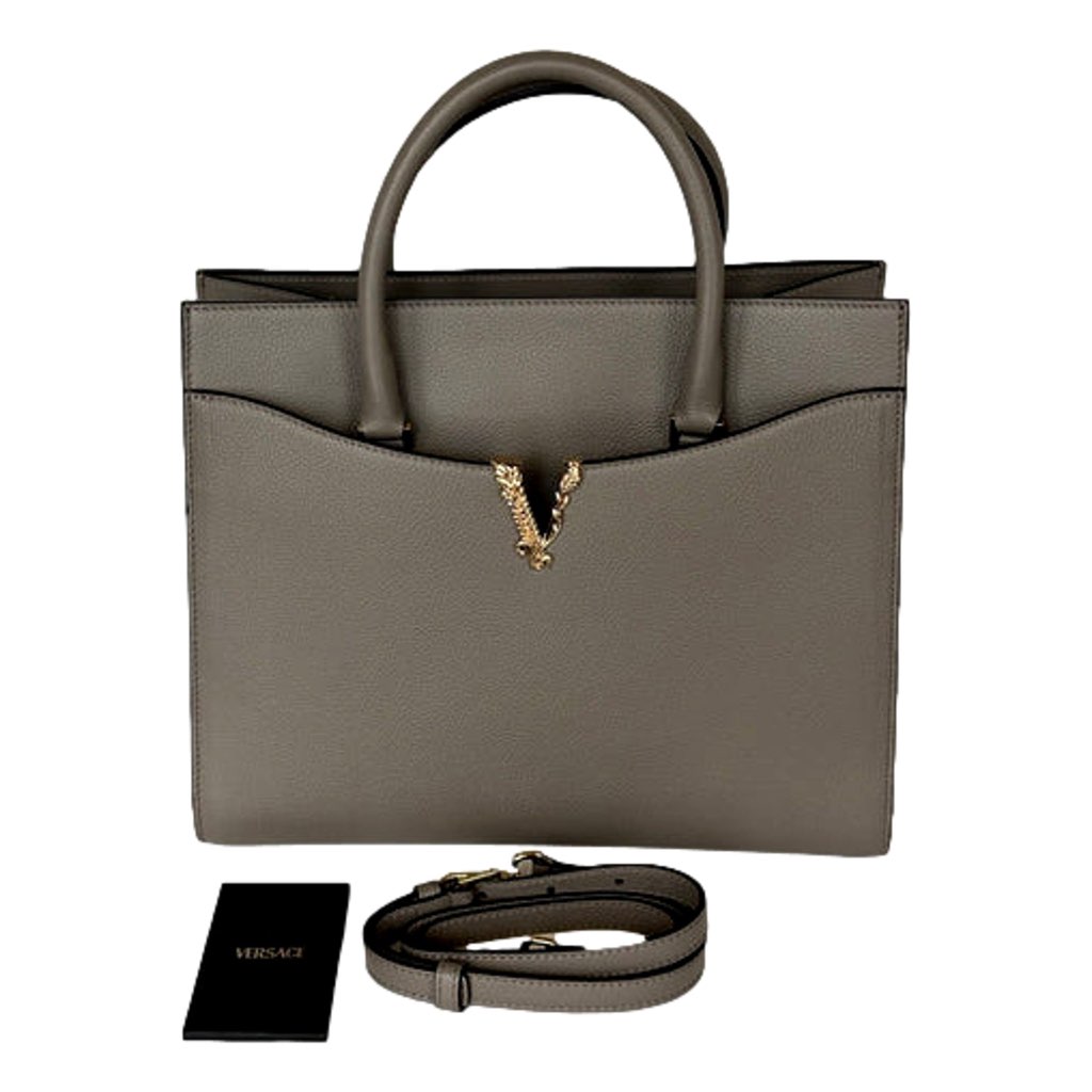 Versace Versace Virtus Calfskin Leather Medium Top Handle Tote Taupe Grey - Image 11