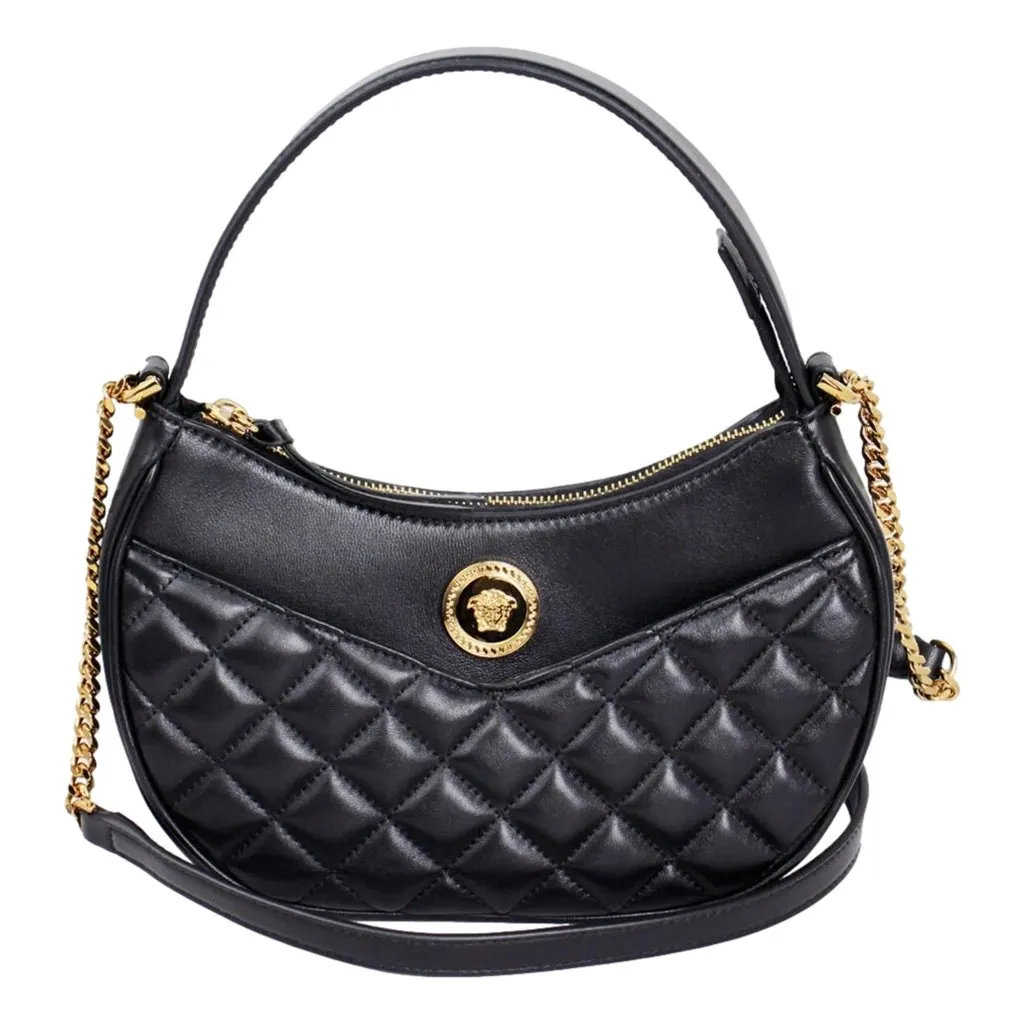 Versace La Medusa Half Moon Hobo Shoulder Crossbody Bag Black Leather Black Leather Never worn, with tag - Front View