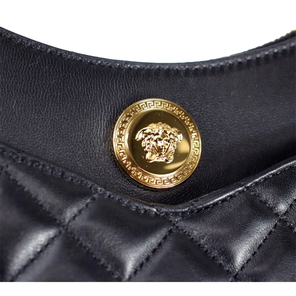 Versace La Medusa Half Moon Hobo Shoulder Crossbody Bag Black Leather Black Leather Never worn, with tag - Box View