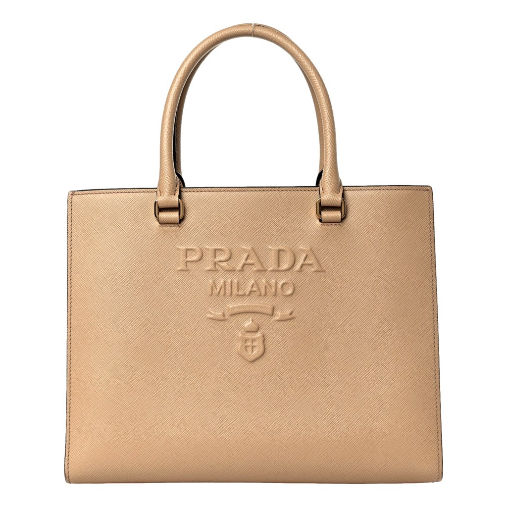 Prada Prada Saffiano Sabbia Sand Beige Lux Logo Embossed Medium Shoulder Tote Handbag