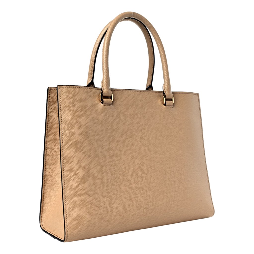 Prada Prada Saffiano Sabbia Sand Beige Lux Logo Embossed Medium Shoulder Tote Handbag - Back view