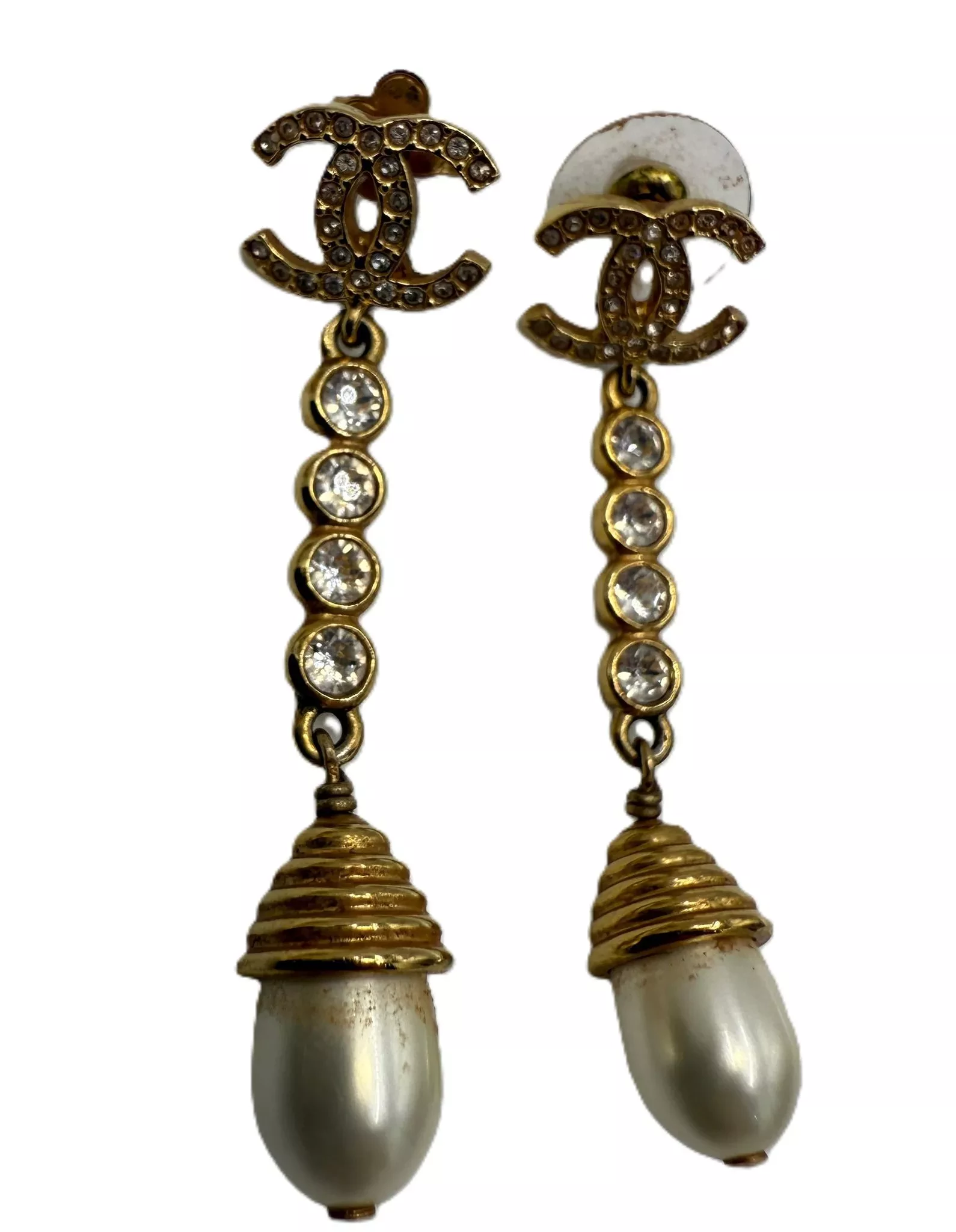 Chanel Gold Crystal Pearl Earrings - 4