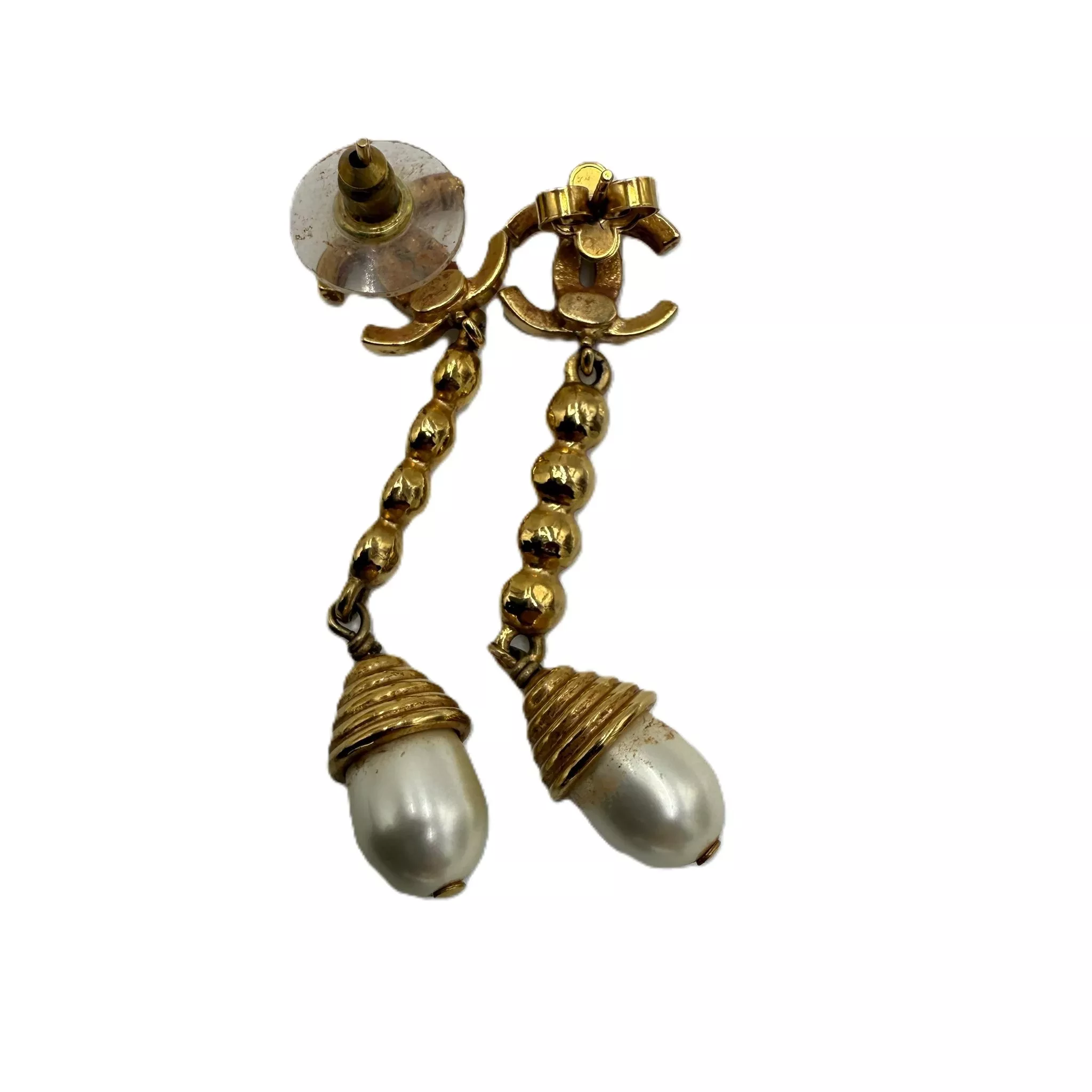 Chanel Gold Crystal Pearl Earrings - Side view