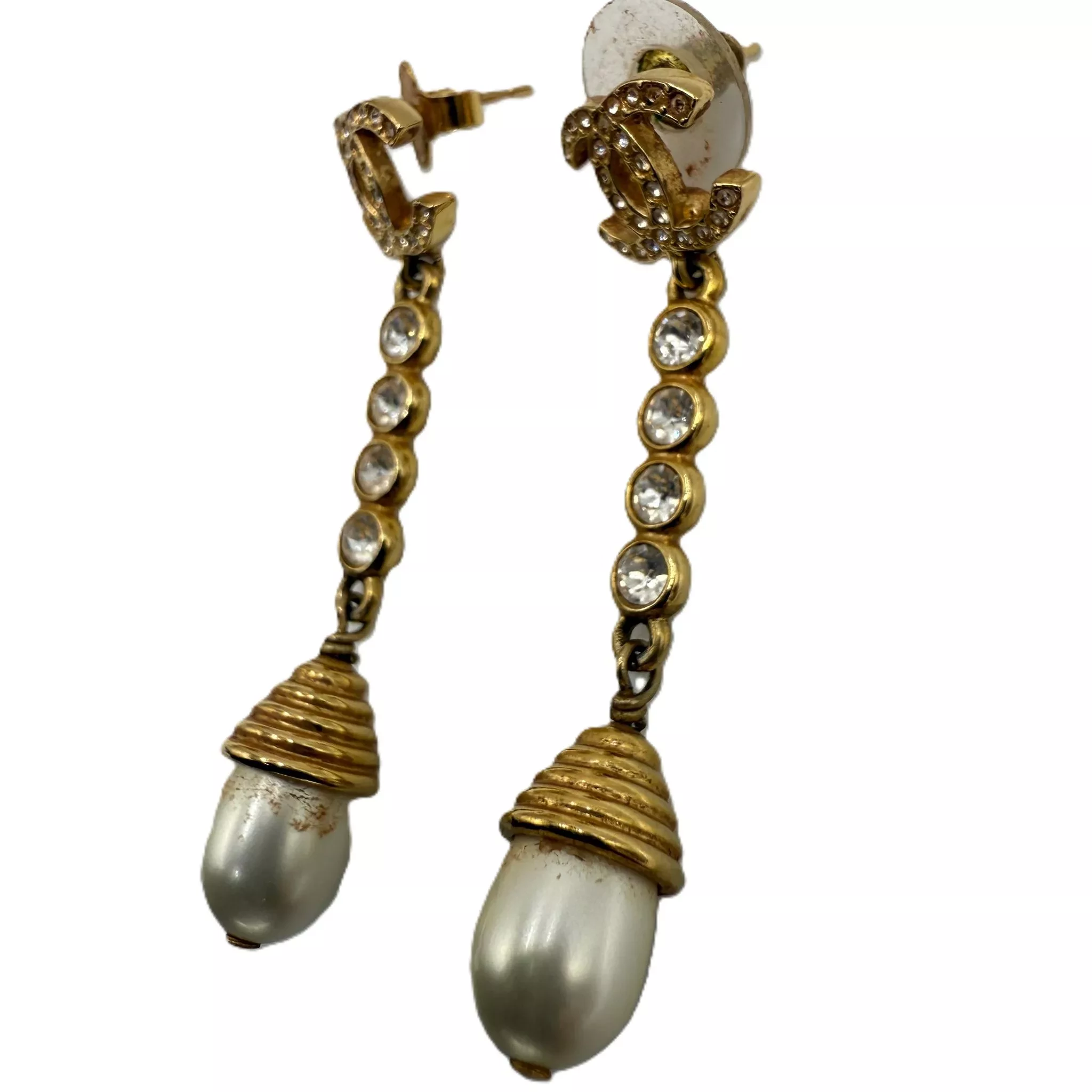 Chanel Gold Crystal Pearl Earrings - Detail 1