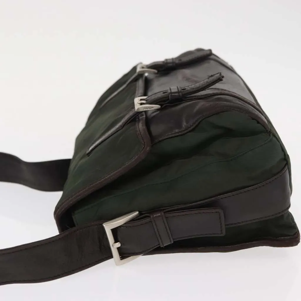 Prada Double Buckle Flap Messenger Bag Khaki Good - Model View