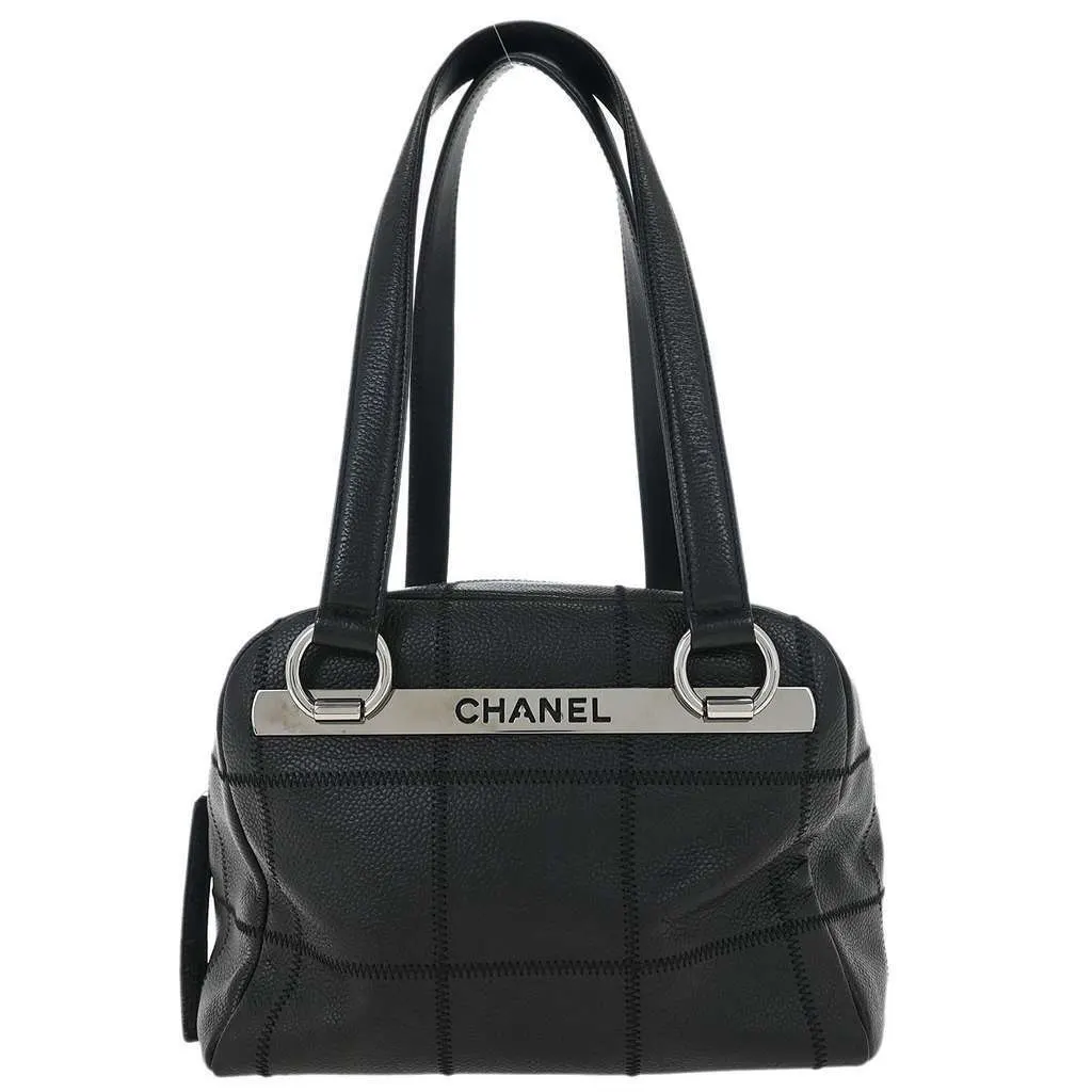 Chanel Square Stitch Bowler Bag Black Leather Good - Front View