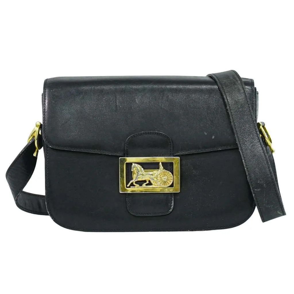 Celine Vintage Carriage Flap Bag Black Leather Fair - Front View