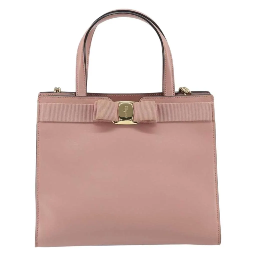 Salvatore Ferragamo Vara Bow Top Handle Convertible Tote Pink Leather Good - Front View