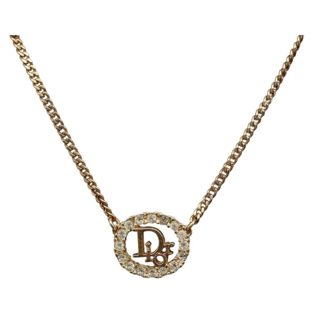 Dior Vintage Logo Round Pendant Necklace Gold Metal Good - Inside View