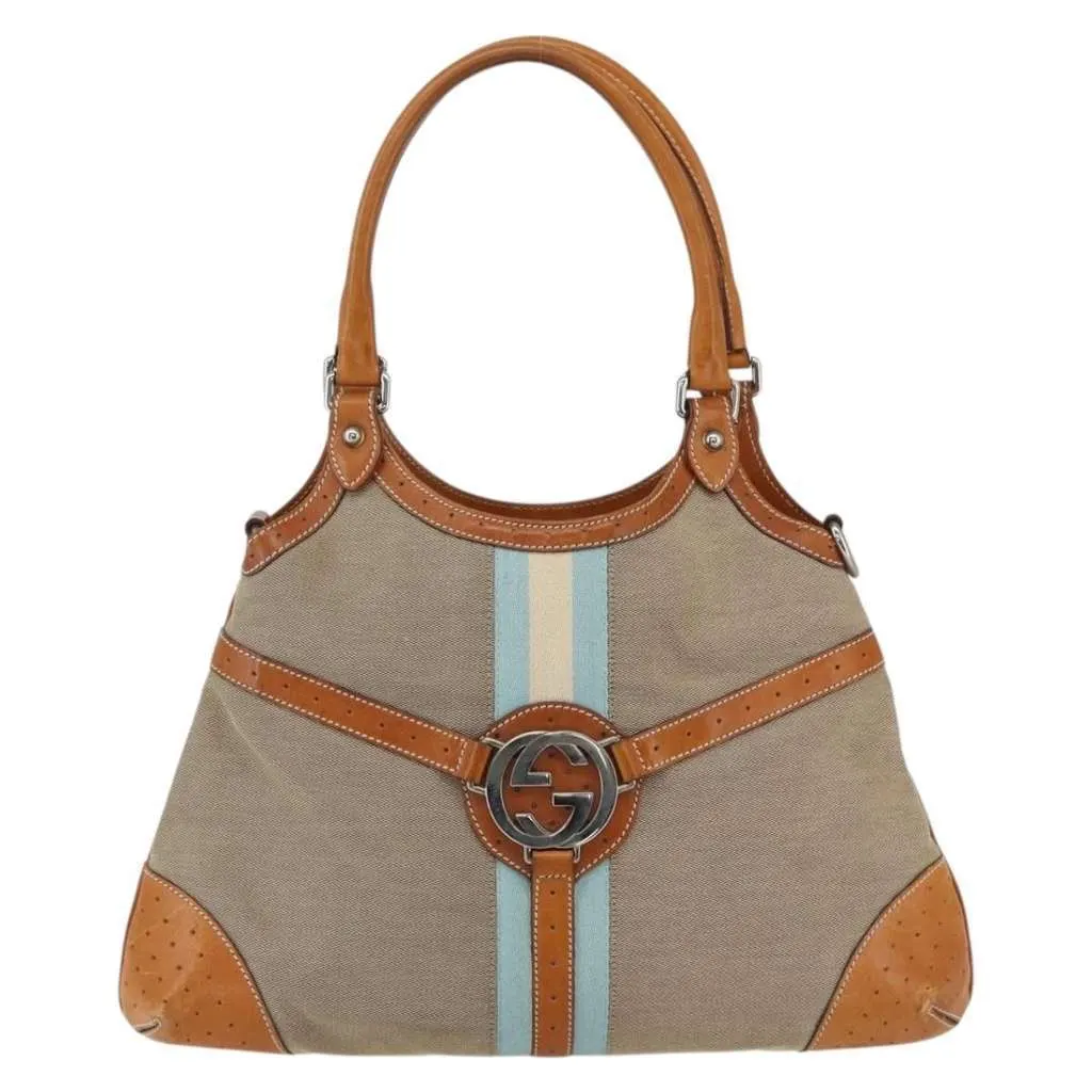 Gucci Reins Web Shoulder Bag Beige Canvas Good - Front View