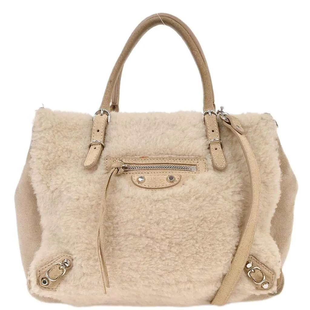 Balenciaga Papier B4 Zip Around Classic Studs Bag Beige Fur Good - Front View