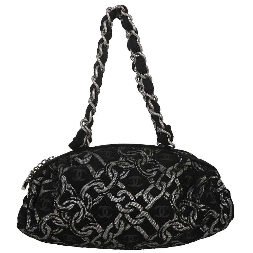Chanel Vintage Zip Bowler Bag Black Cotton Good - Front View