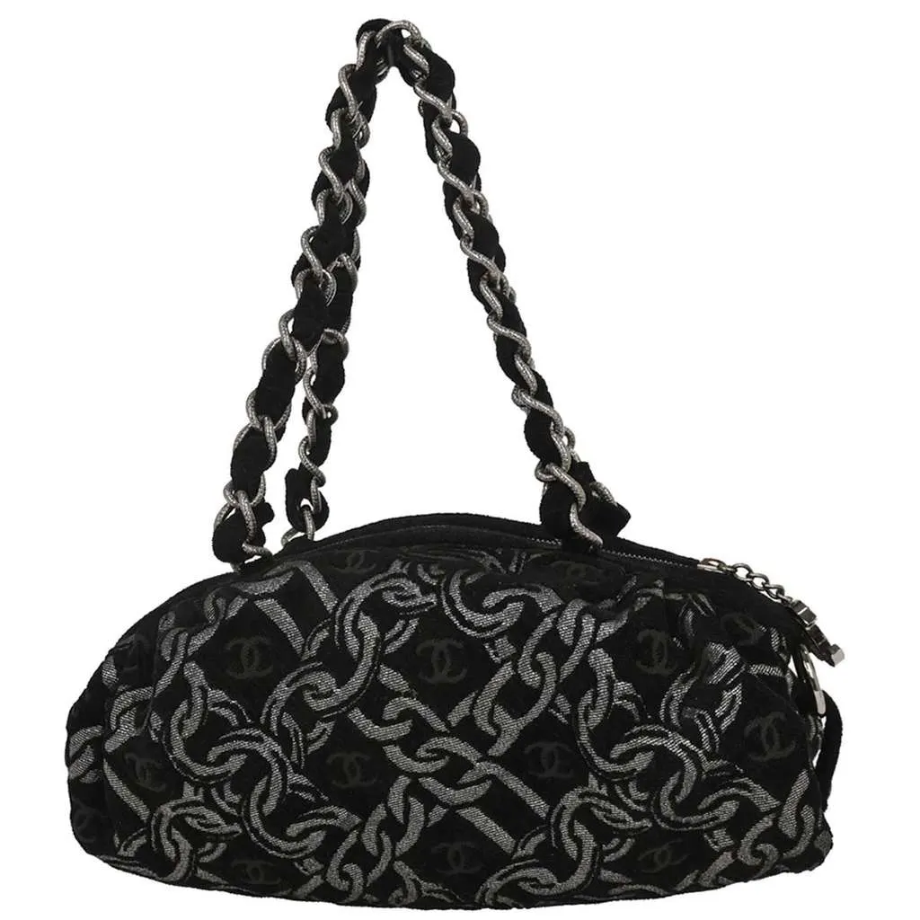 Chanel Vintage Zip Bowler Bag Black Cotton Good - Back View