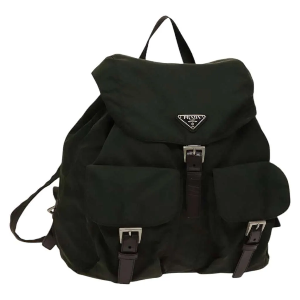 Prada Vela Double Front Pocket Backpack Khaki Good - Front View